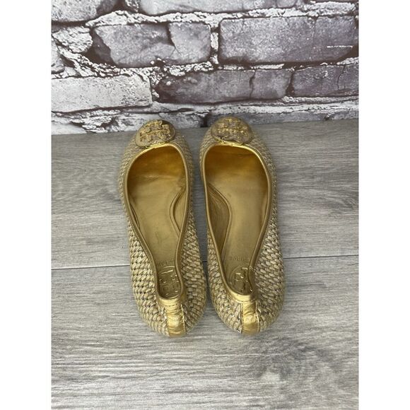 Tory Burch Straw Reva Gold Leather Logo Ballet Flats Women’s Sz 7.5M US/38EU - Picture 5 of 16